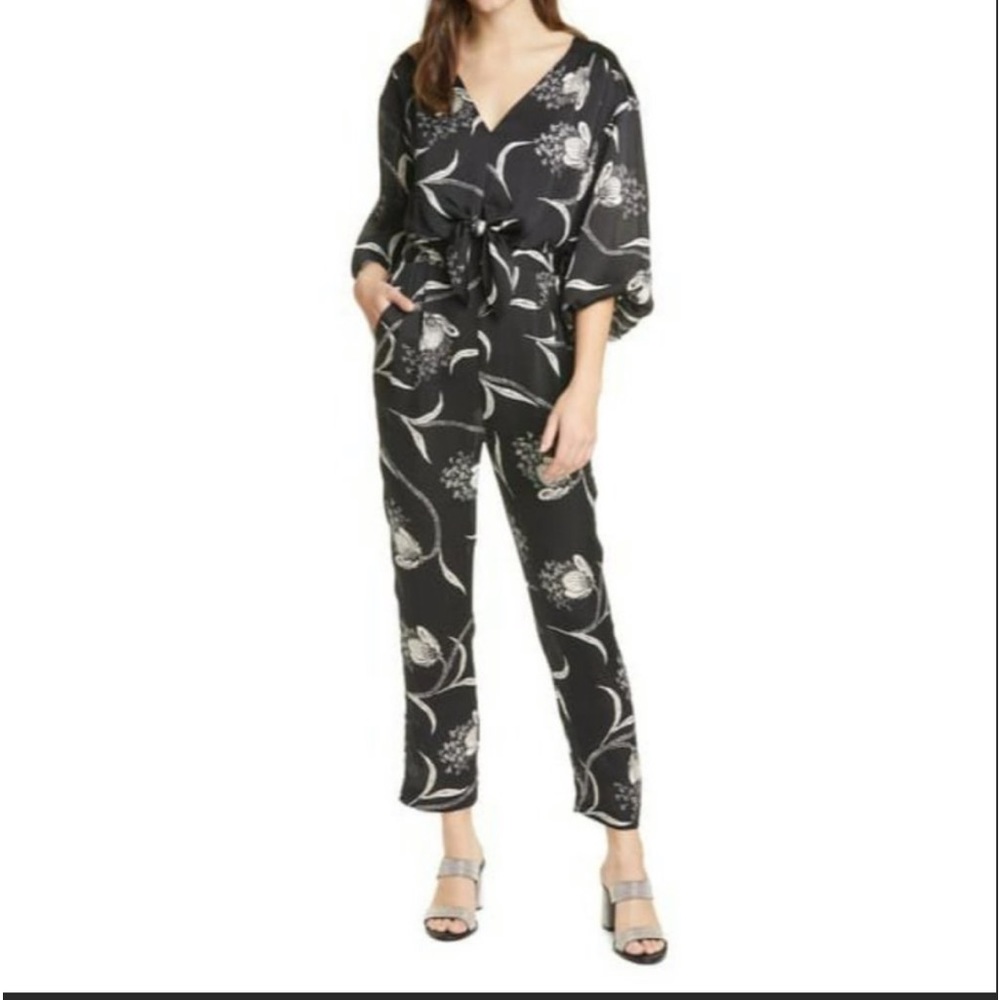 Joie Black Floral Print Jumpsuit with Cream Pattern